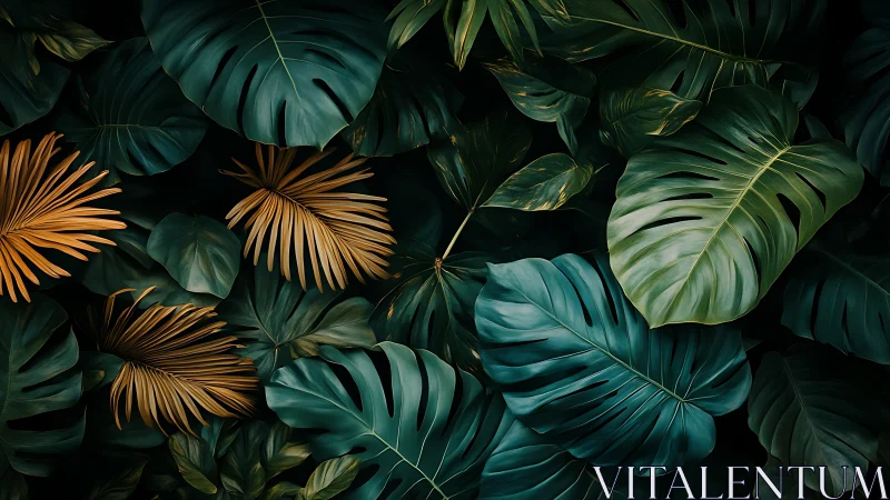 Lush jungle leaves unfold in rich teal and warm golden tones