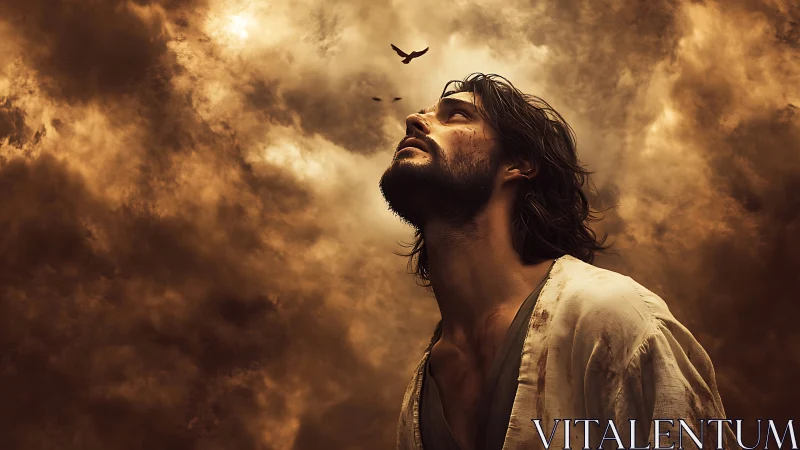 Dramatic low-angle portrait isolates man against turbulent sepia sky