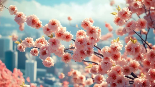 Pink flowering branches with urban skyline in soft focus background.