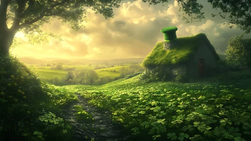 Fantasy clover meadow with moss-roof cottage at golden hour.