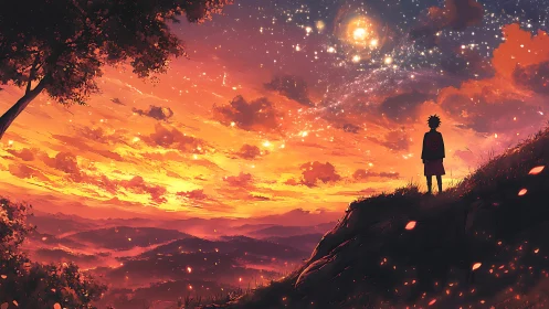 Anime sunset vista with lone silhouette on luminous ridge.