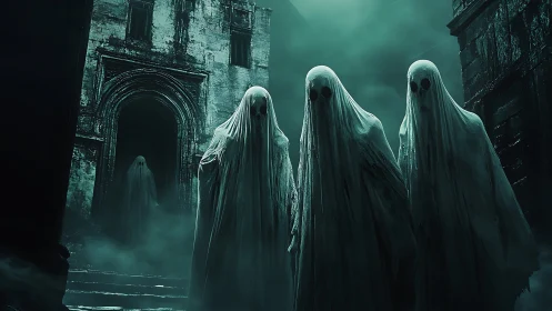 Shrouded phantoms advancing through decayed gothic ruins.