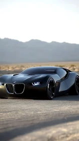 Futuristic black sports car glides across a sunlit desert road