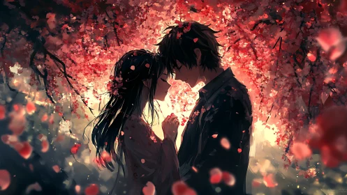 Romantic anime couple under glowing cherry blossoms.