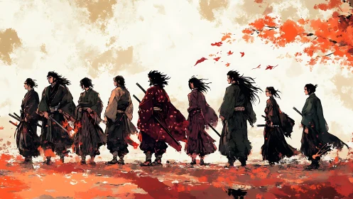 Samurai warriors walking under vivid autumn leaves.