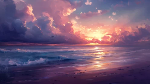 Radiant sunset ignites tranquil waves along a quiet shore