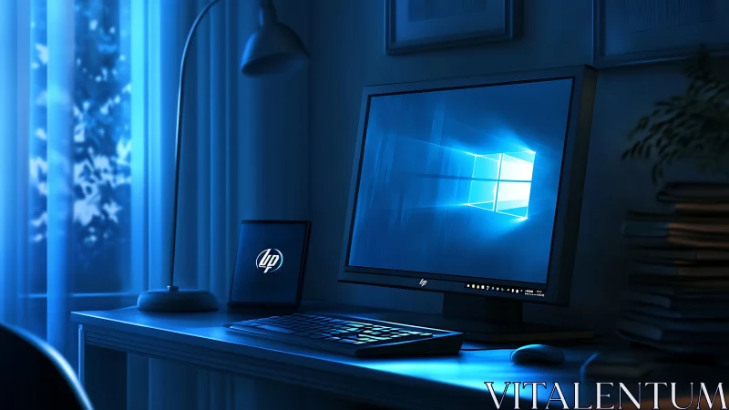 Windows desktop workspace glows under cool blue light.