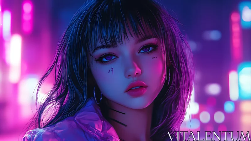 Neon lit cyberpunk girl portrait with glowing city lights.