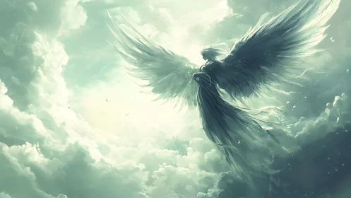 Gentle celestial angel rises softly through glowing clouds