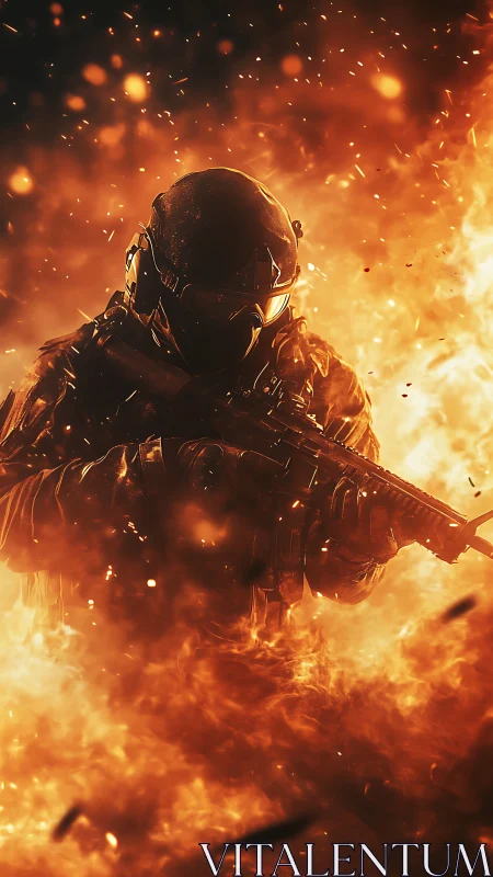 Flame-lit soldier striding through a blazing inferno of sparks.