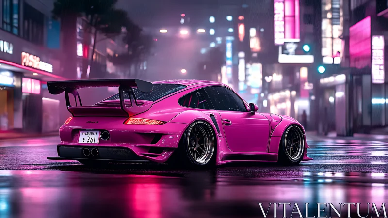 Pink widebody sports car parked on wet neon city street