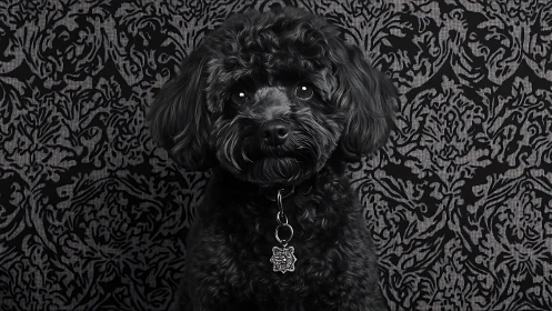 Black curly dog portrait on patterned dark backdrop.