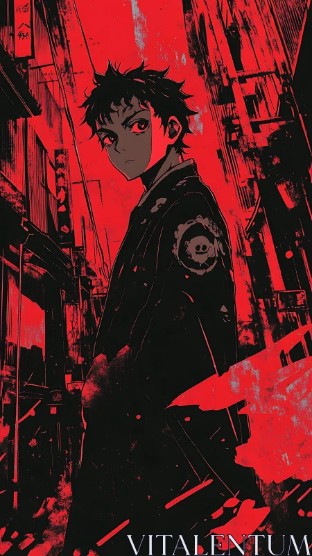 High contrast anime figure in red-black urban alley composition