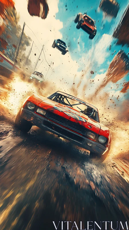 Red rally car exploding through mud in dynamic chaos.