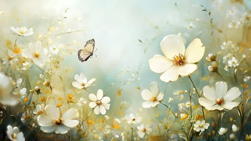 White cosmos flowers with butterfly in soft-focus garden setting