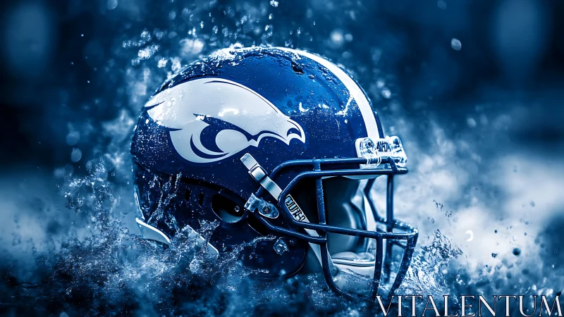 Photorealistic blue football helmet in dynamic splash field.