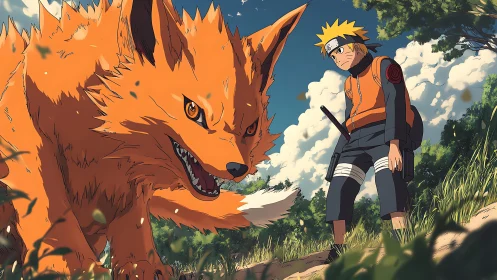Orange fox-like beast confronts blond ninja in a forest clearing