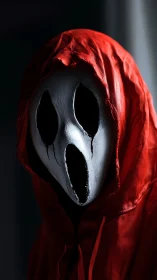 White ghost mask with black eyes under bright red hood.
