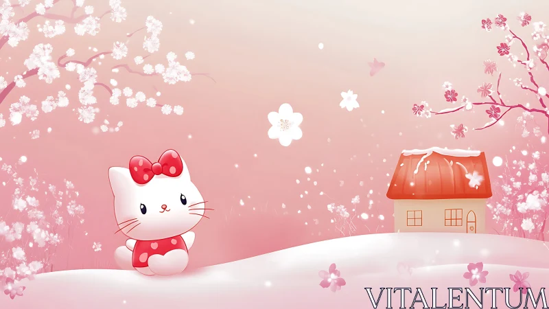 Cute white kitty in a dreamy pink blossom wonderland.