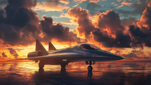 Stealth jet aircraft on wet runway under dense sunset clouds.