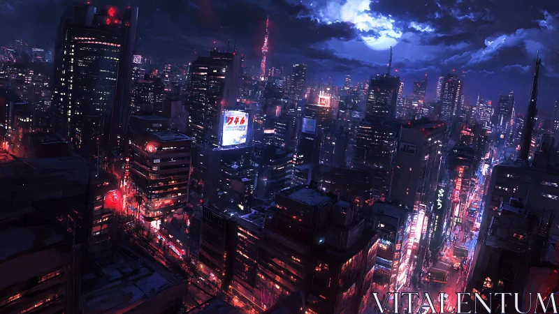 Midnight city lights glowing softly beneath a silver moon.