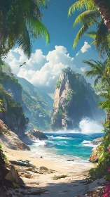 Tropical Coastline with Dramatic Cliff Formation and Palm Framing.