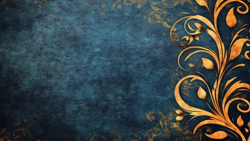 Gold floral ornament on textured blue decorative background.
