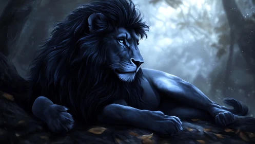 Digital rendering shows reclining lion in low-key forest lighting