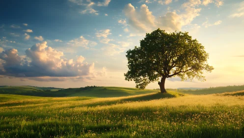 Solitary tree on sunlit meadow under expansive sky.