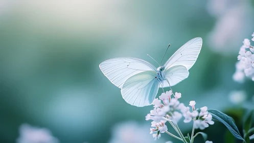 Translucent white butterfly over pastel blossoms in spring.