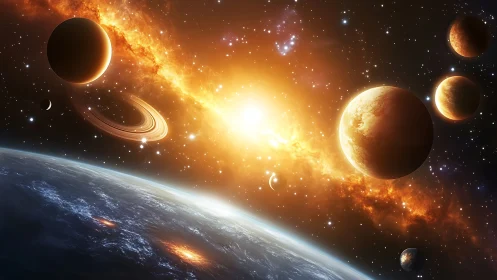 Planetary system with sunlit nebula and multiple worlds.