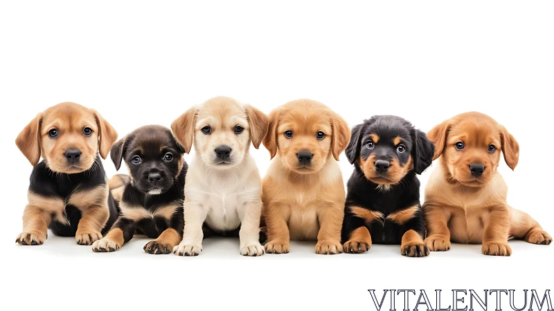 Studio lineup of mixed-breed puppies on seamless white background.