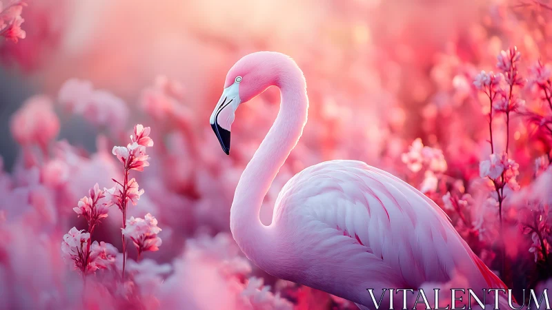 Dreamlit flamingo drifting through a cotton candy bloomscape.