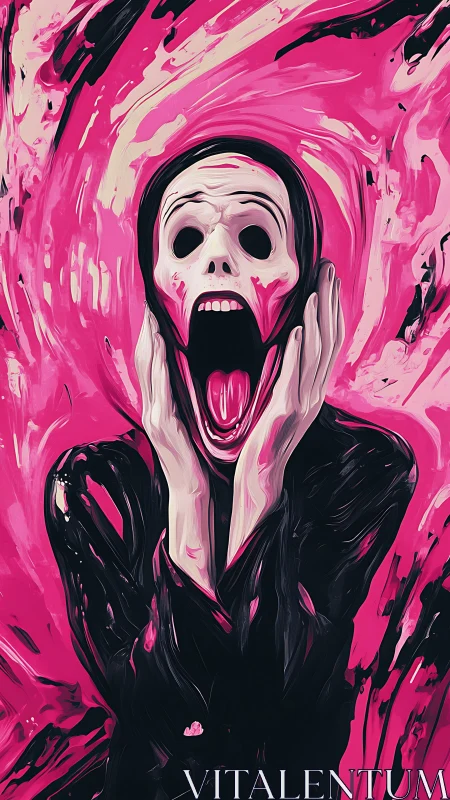 Skeletal figure in neon scream shatters a swirling pink void.
