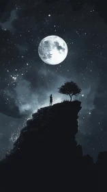 Lone figure on moonlit cliff gazes into a vast starry sky.