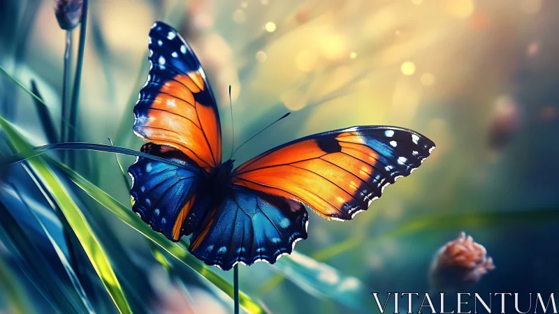 Bright butterfly resting in dreamy, glowing garden light.