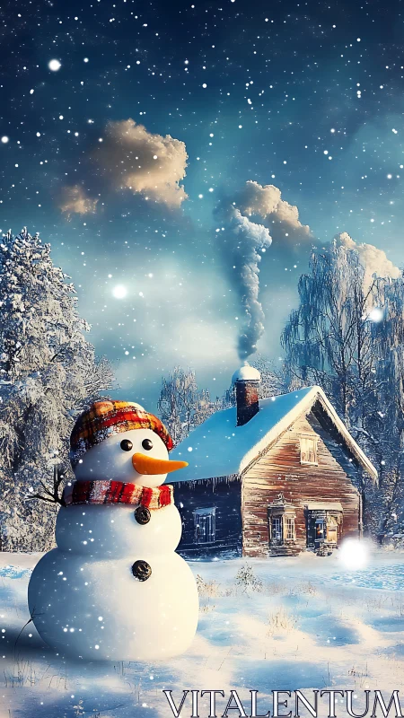 Cozy winter cabin and cheerful snowman under starlit snow.