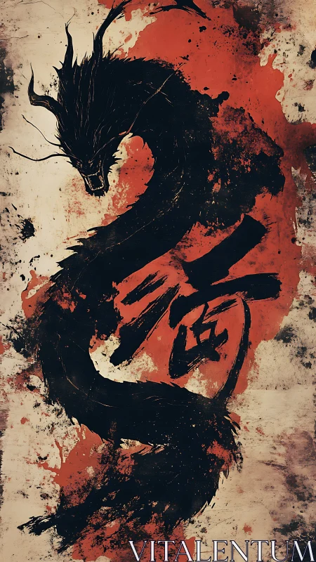 Ink-brushed dragon swirling through bold crimson splashes.