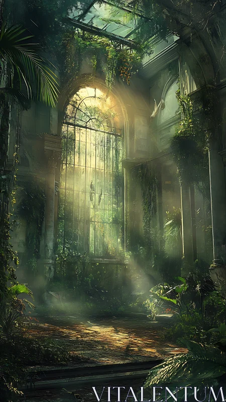 Sunlit vines reclaim a forgotten glass hall with quiet grace
