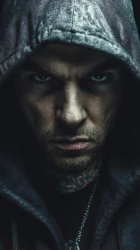 Hooded man stares forward with intense low key lighting