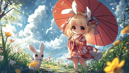 Child in kimono with rabbit in floral spring meadow scene.