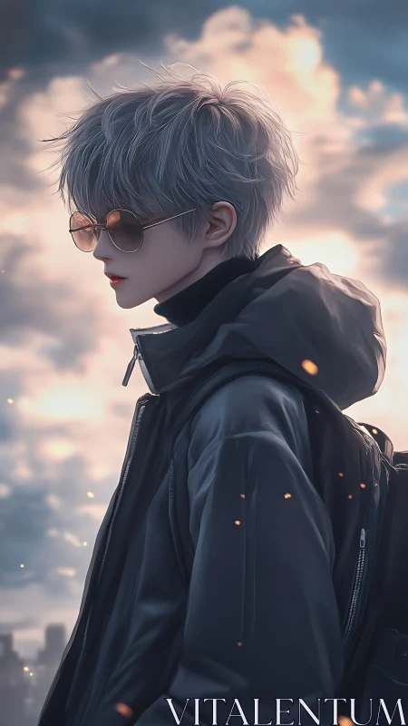 Solitary silver-haired boy walks through a glowing dusk city