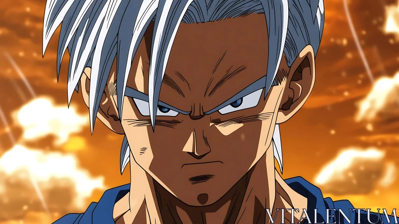 Determined anime warrior standing strong at sunset.