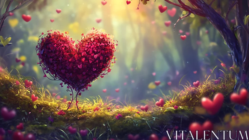 Heart-shaped tree composed of countless red petals suspended in luminous forest.