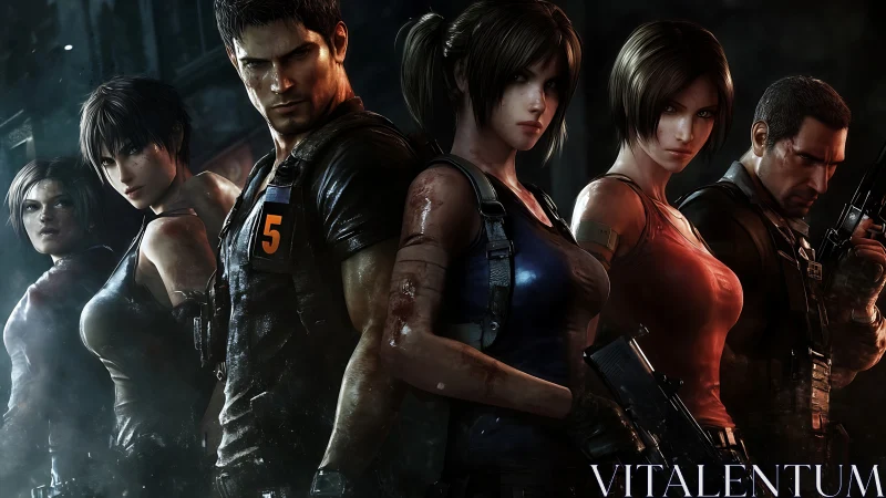 Armed squad of digital soldiers in dark urban backdrop.