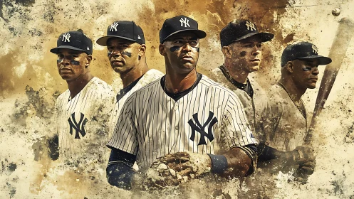 Baseball players in Yankees uniforms stand in textured collage
