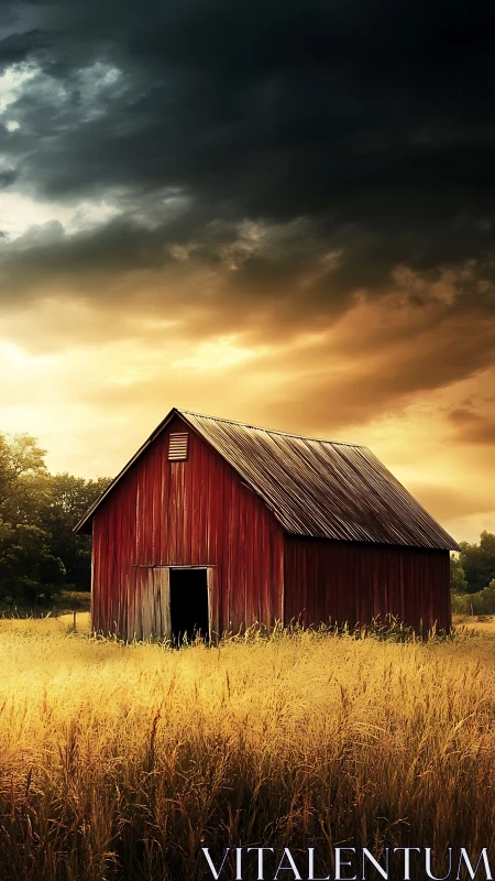 Storm-kissed red barn glowing in a wheatfield sunset hush.