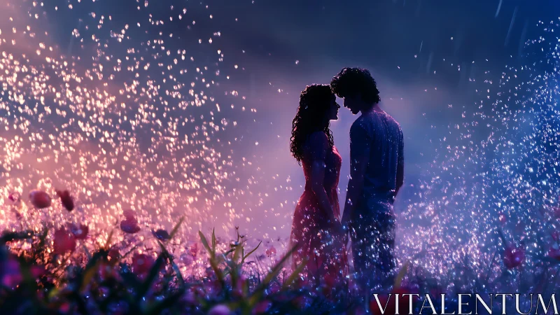 Couple Silhouettes Amid Luminous Particle Storm