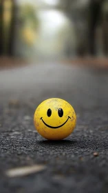 Weathered smiley ball glows on a lonely misty roadway.
