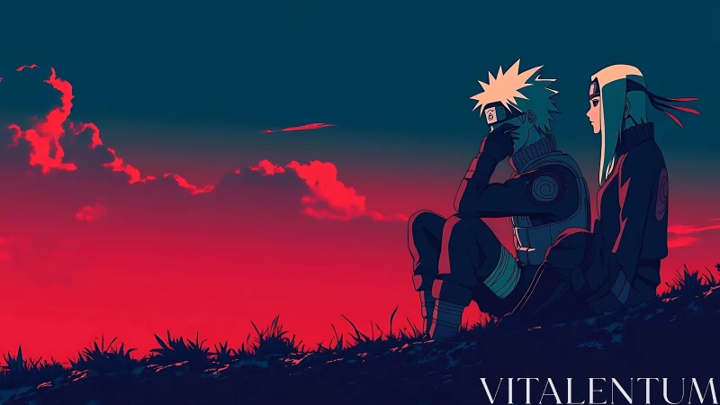 Anime warriors rest beneath a vivid red evening sky.